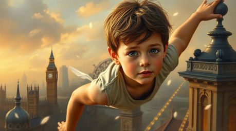 A captivating scene unfolds depicting a young boy with light skin soaring above the iconic London skyline, bathed in the soft