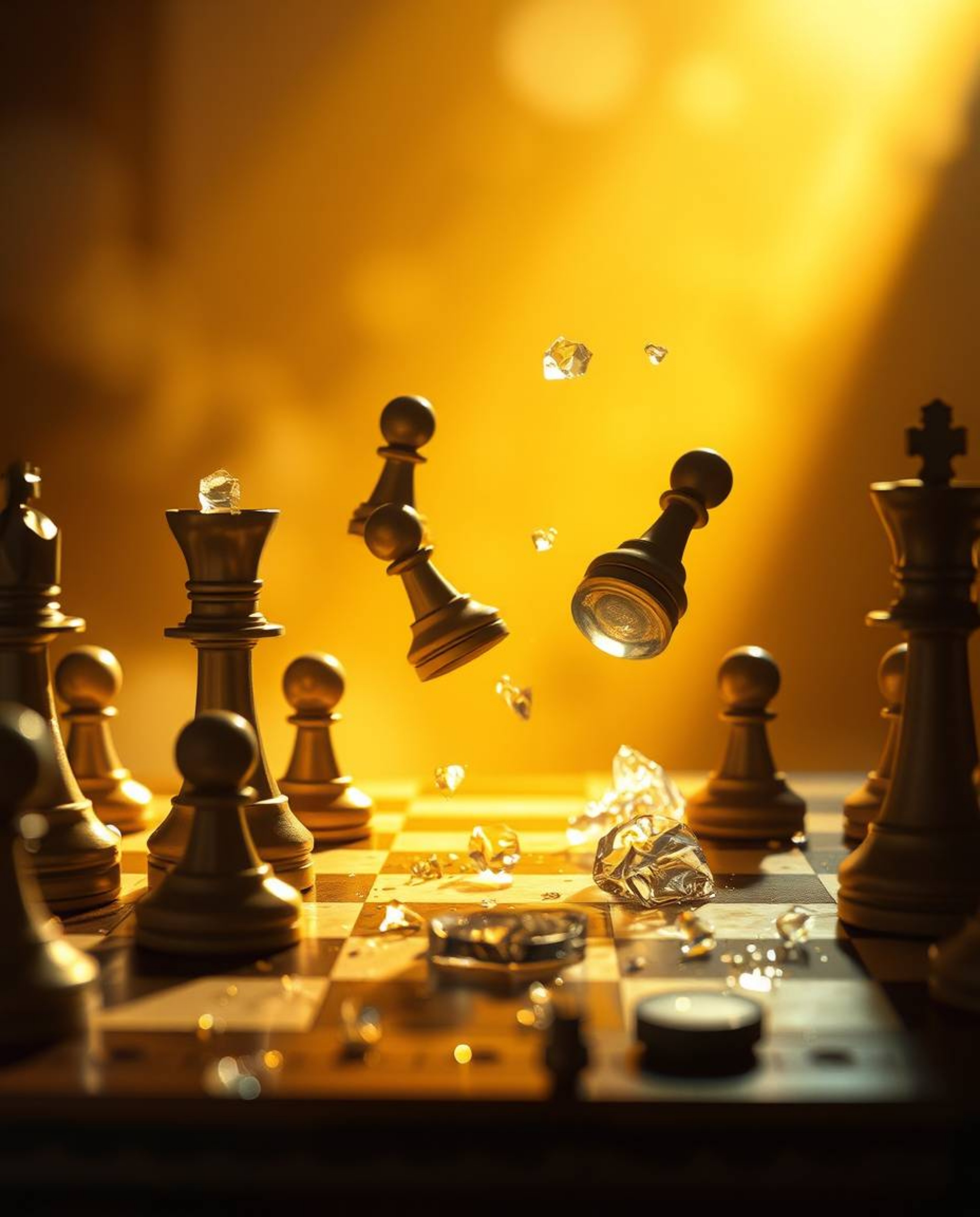 An image depicting a chessboard with chess pieces suspended mid-air, frozen in a moment of chaotic destruction. The scene is 