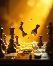 An image depicting a chessboard with chess pieces suspended mid-air, frozen in a moment of chaotic destruction. The scene is 