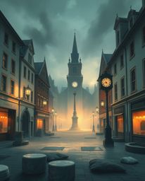 A digitally painted image showcasing an empty town square, imbued with an ethereal and spiritual vibe.  The scene features ti