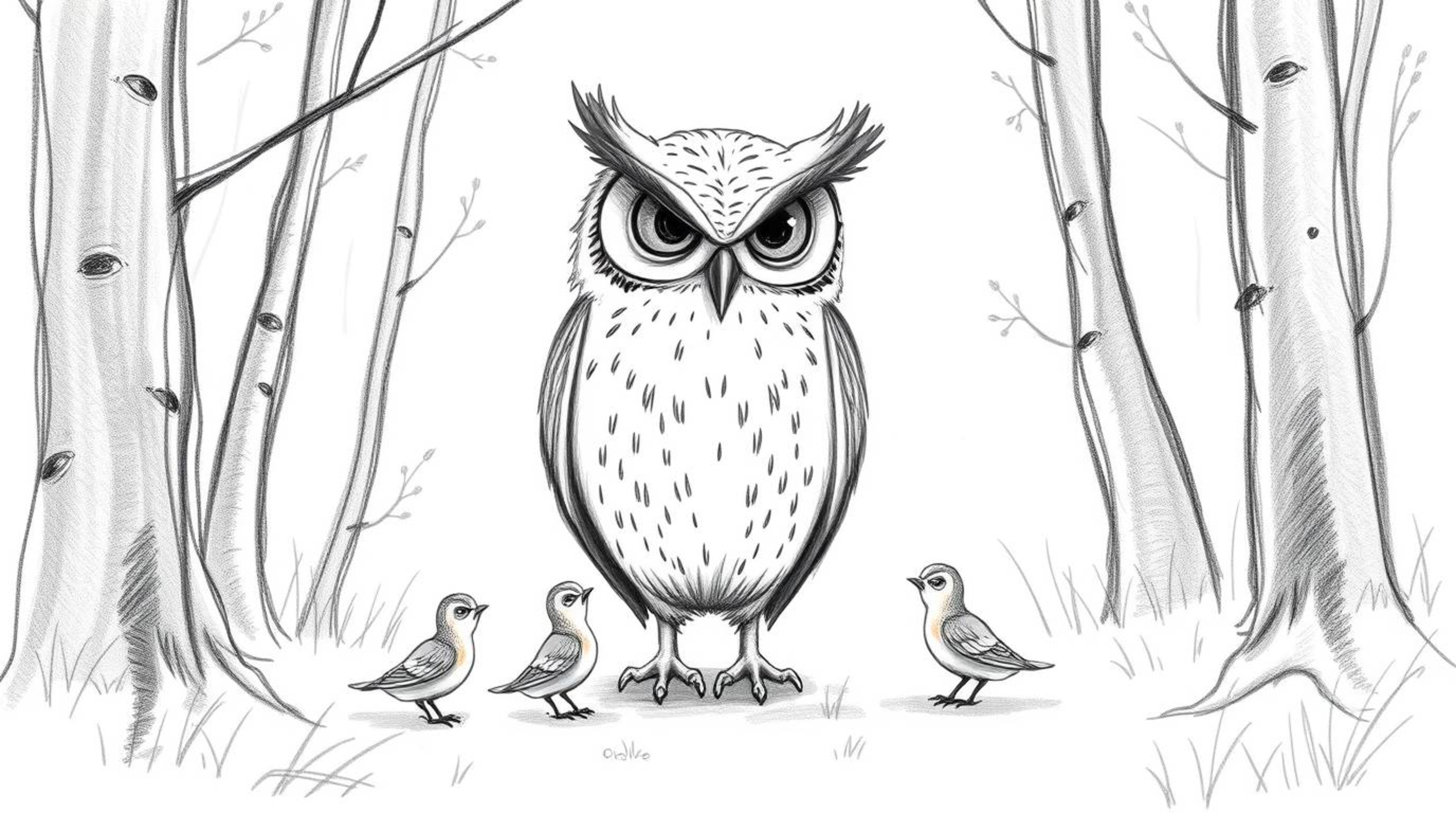 A heartwarming hand-drawn sketch in the style of Pixar depicts a blind owl gently guiding baby birds in a forest clearing.  T