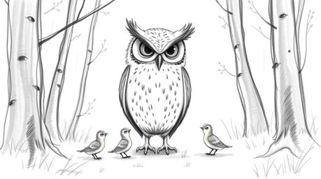 A heartwarming hand-drawn sketch in the style of Pixar depicts a blind owl gently guiding baby birds in a forest clearing.  T