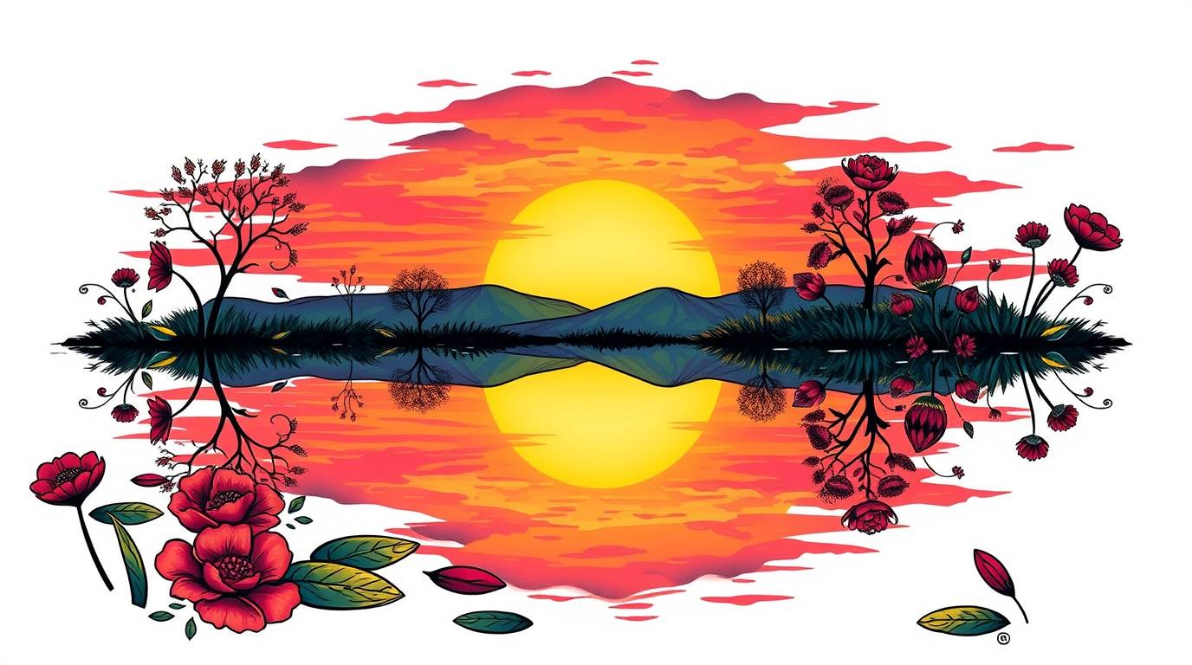 This traditional tattoo art print features a vibrant reflection of a colorful sunset in a calm pond, employing vibrant and co