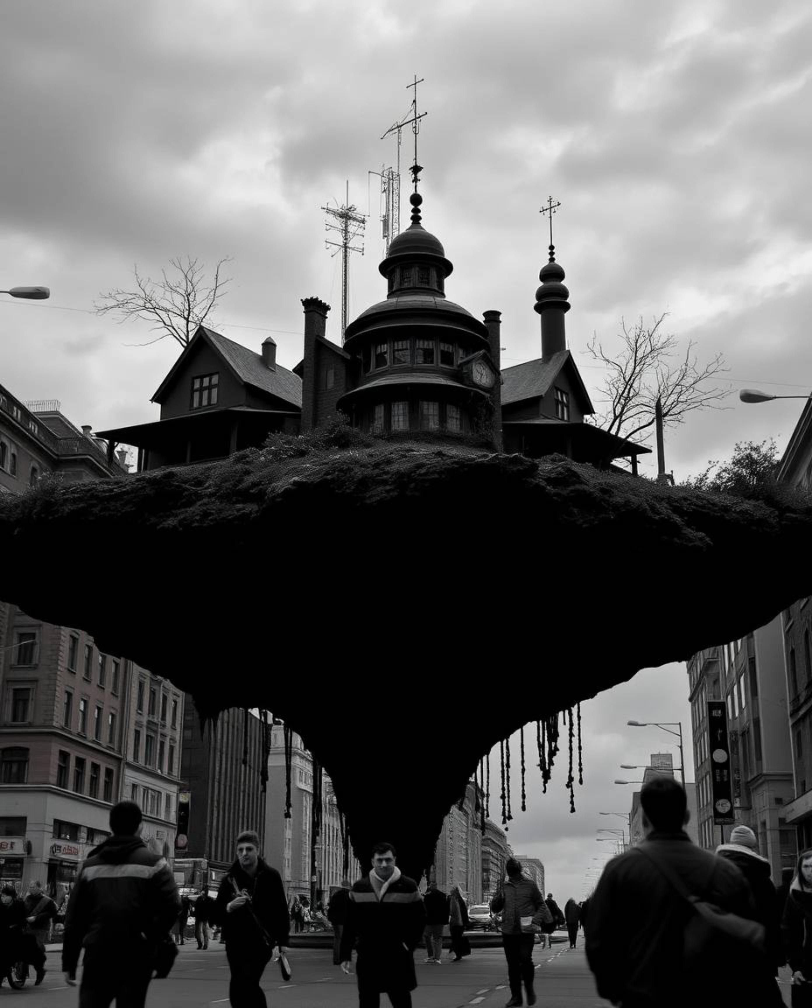 Explore the captivating world of candid street photography featuring an intensely black, surreal floating island adorned with