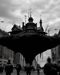 Explore the captivating world of candid street photography featuring an intensely black, surreal floating island adorned with