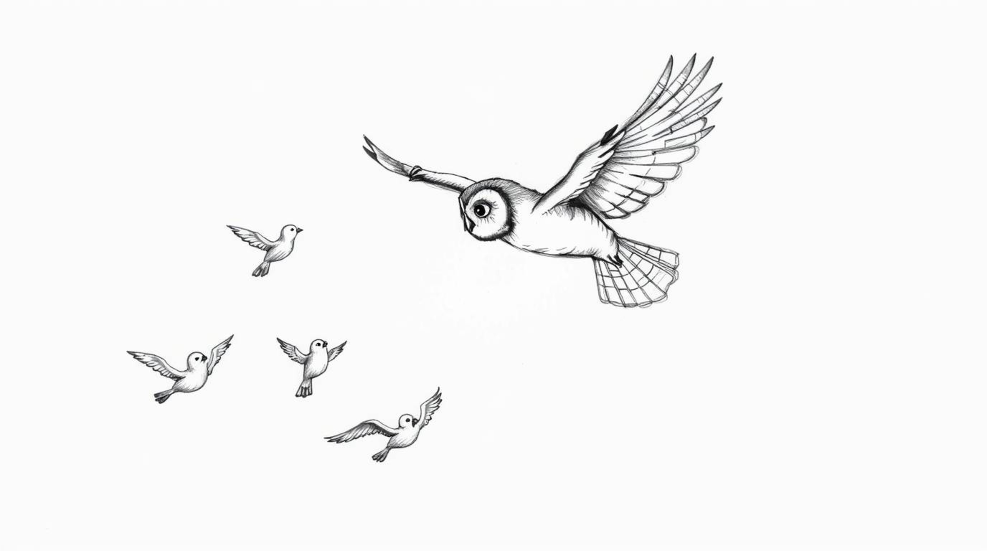 A whimsical hand-drawn sketch in the iconic Pixar style portrays a blind owl mid-flight, leading a group of birds in a flying