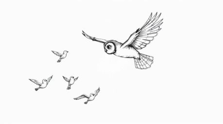 A whimsical hand-drawn sketch in the iconic Pixar style portrays a blind owl mid-flight, leading a group of birds in a flying