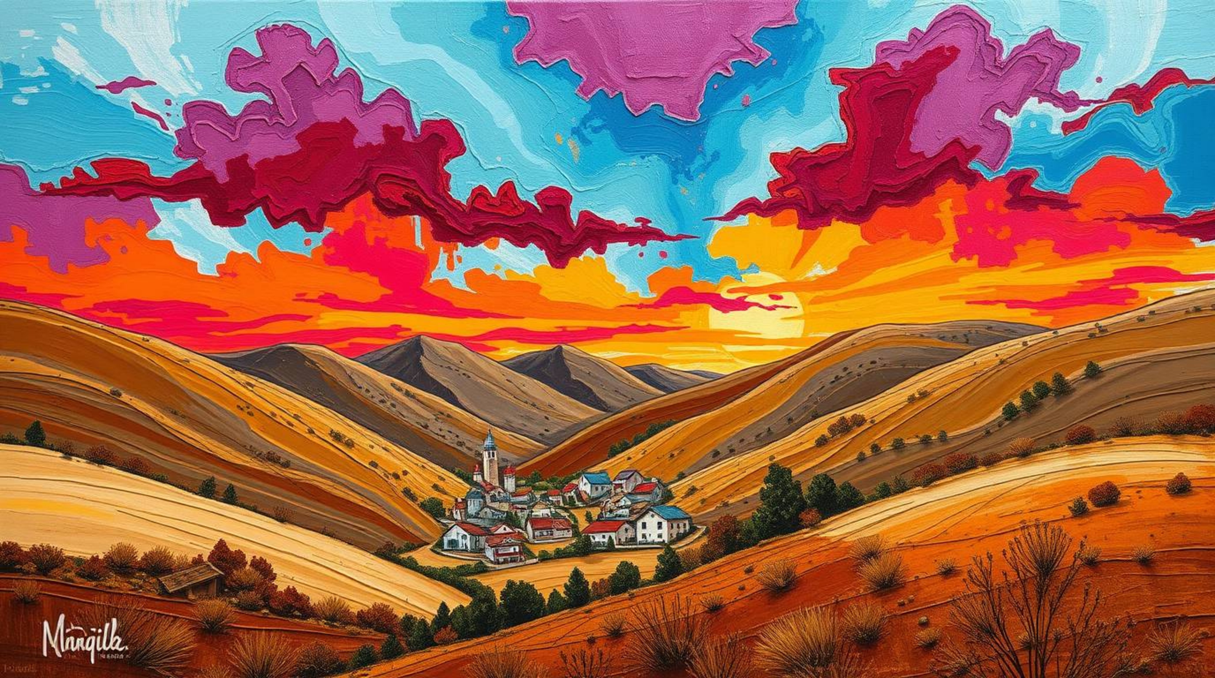 A vibrant acrylic painting depicts a cozy village nestled in a valley beneath a colorful sky. The artwork utilizes bold color