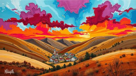 A vibrant acrylic painting depicts a cozy village nestled in a valley beneath a colorful sky. The artwork utilizes bold color