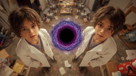 A highly detailed, cinematic photograph in a vibrant, Pixar-inspired style captures a science fair duo, a boy and a girl abou