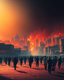 This digital artwork captures a chaotic scene of a city engulfed in flames, with people fleeing in all directions. The image 