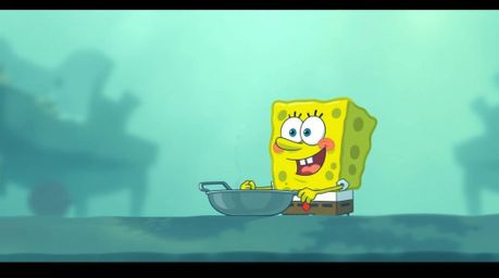 This dynamic illustration features a sponge character engrossed in cooking within a foggy, motion-blurred underwater kitchen,