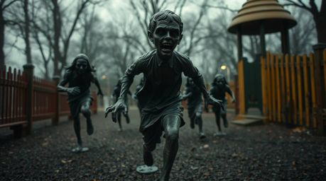 This collection showcases cast bronze sculptures bathed in eerie, creepy atmospheres. Imagine a dramatic slow-motion run unfo