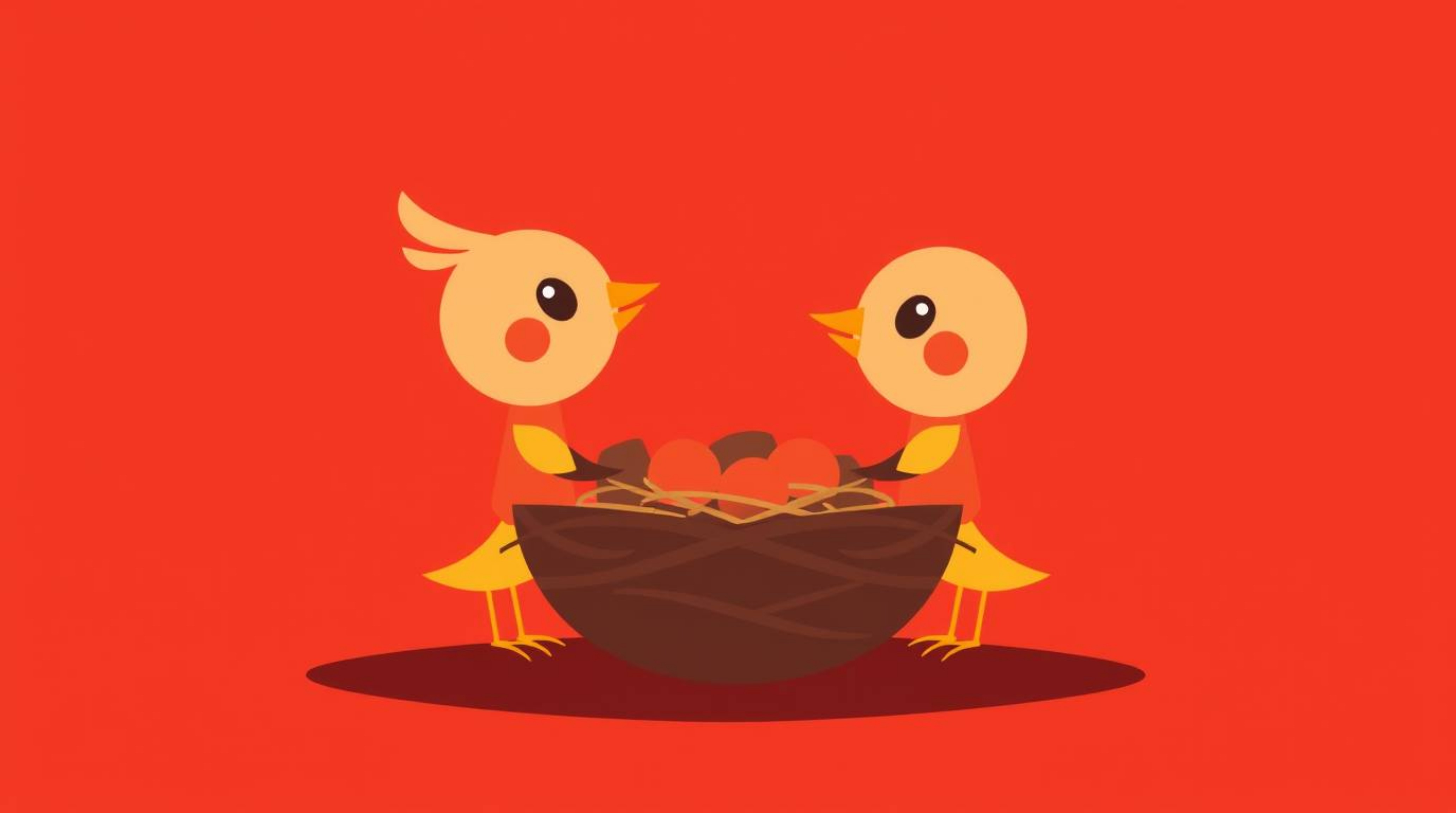This illustration showcases a warm and modern flat design featuring two cartoon birds diligently building a nest. The simple,