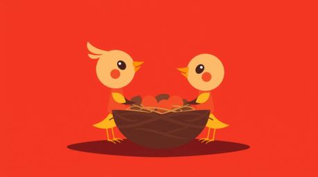 This illustration showcases a warm and modern flat design featuring two cartoon birds diligently building a nest. The simple,