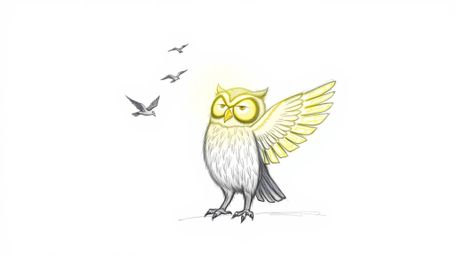 A heartwarming hand-drawn sketch reminiscent of Pixar, showcasing a blind owl with luminous feathers basking in a sunbeam whi
