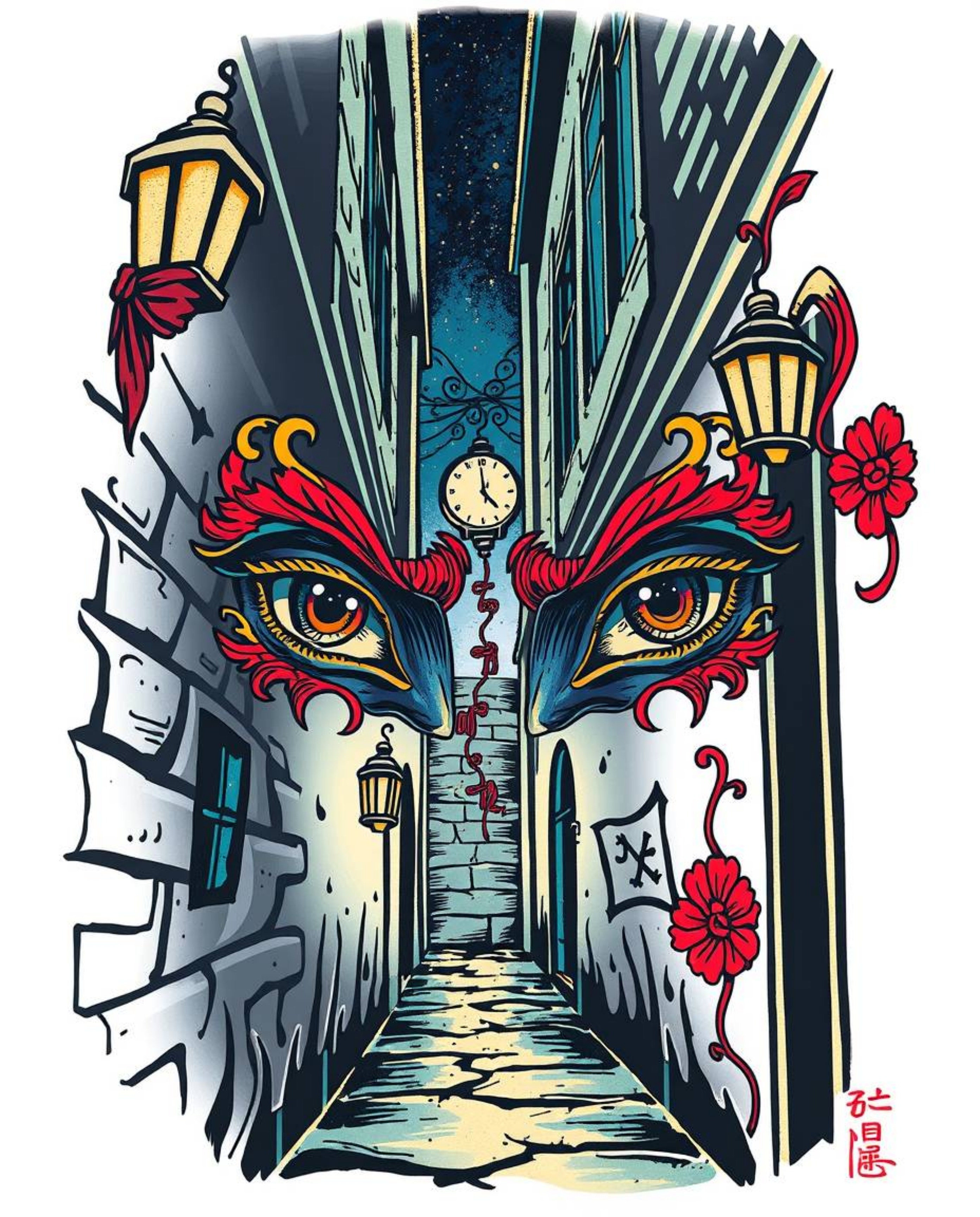 This vibrant art print showcases a symbolic traditional tattoo design featuring eyes watching from a shadowy alley at night. 