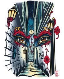 This vibrant art print showcases a symbolic traditional tattoo design featuring eyes watching from a shadowy alley at night. 