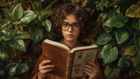 A highly detailed, cinematic photograph captures a light-skinned, curly-haired young genius surrounded by a lush variety of e