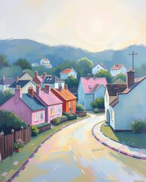 Discover a captivating acrylic painting depicting a sleepy town with pastel-colored houses bathed in gentle, soft light.  The