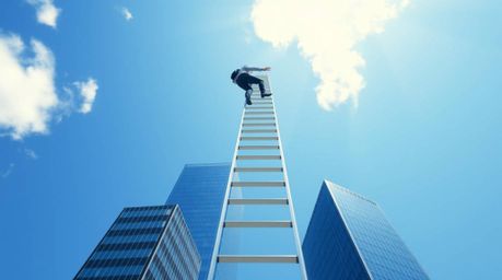 A captivating modern flat design illustration depicts a businessperson ascending a transparent ladder towards a vibrant blue 