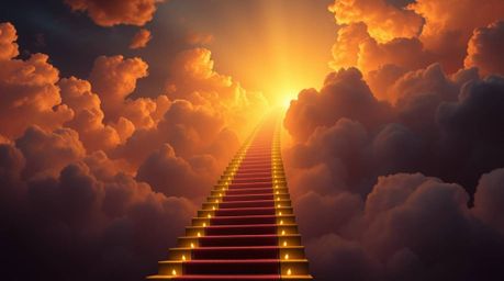 A breathtaking image of a golden staircase ascending through clouds into a radiant heaven, bathed in a rich burgundy and deep