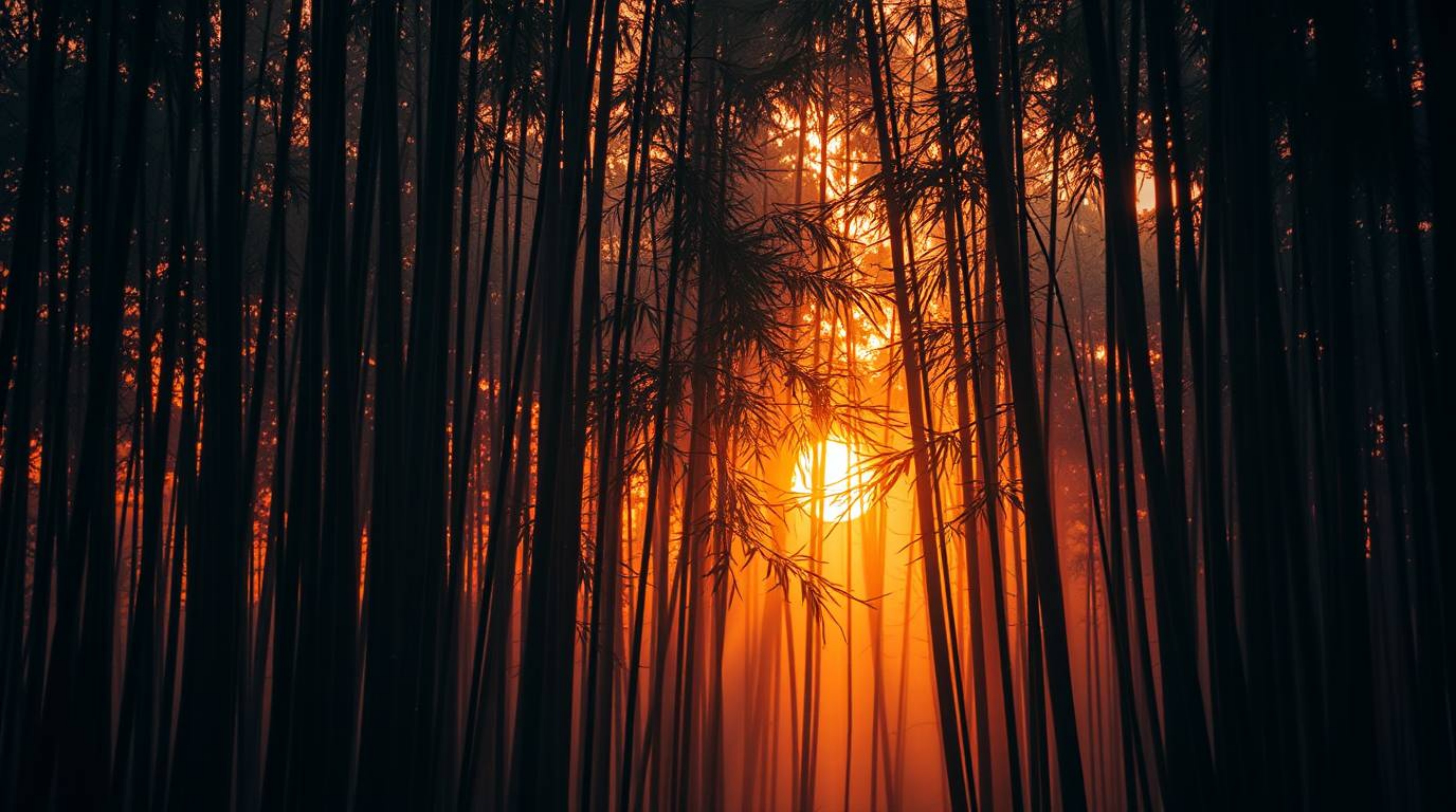 Immerse yourself in an ethereal and spiritual depiction of a bamboo forest, bathed in the warm, golden light of a setting sun