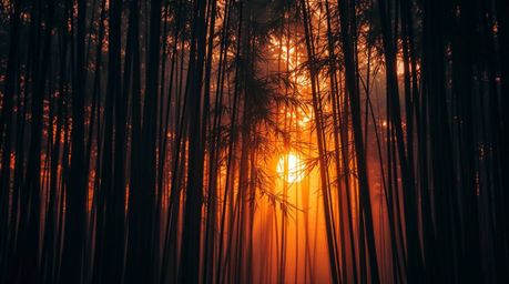 Immerse yourself in an ethereal and spiritual depiction of a bamboo forest, bathed in the warm, golden light of a setting sun