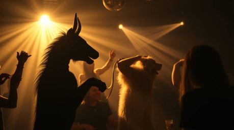 Experience a mesmerizing animal dance party bathed in vibrant disco lights.  The ethereal and spiritual atmosphere is enhance