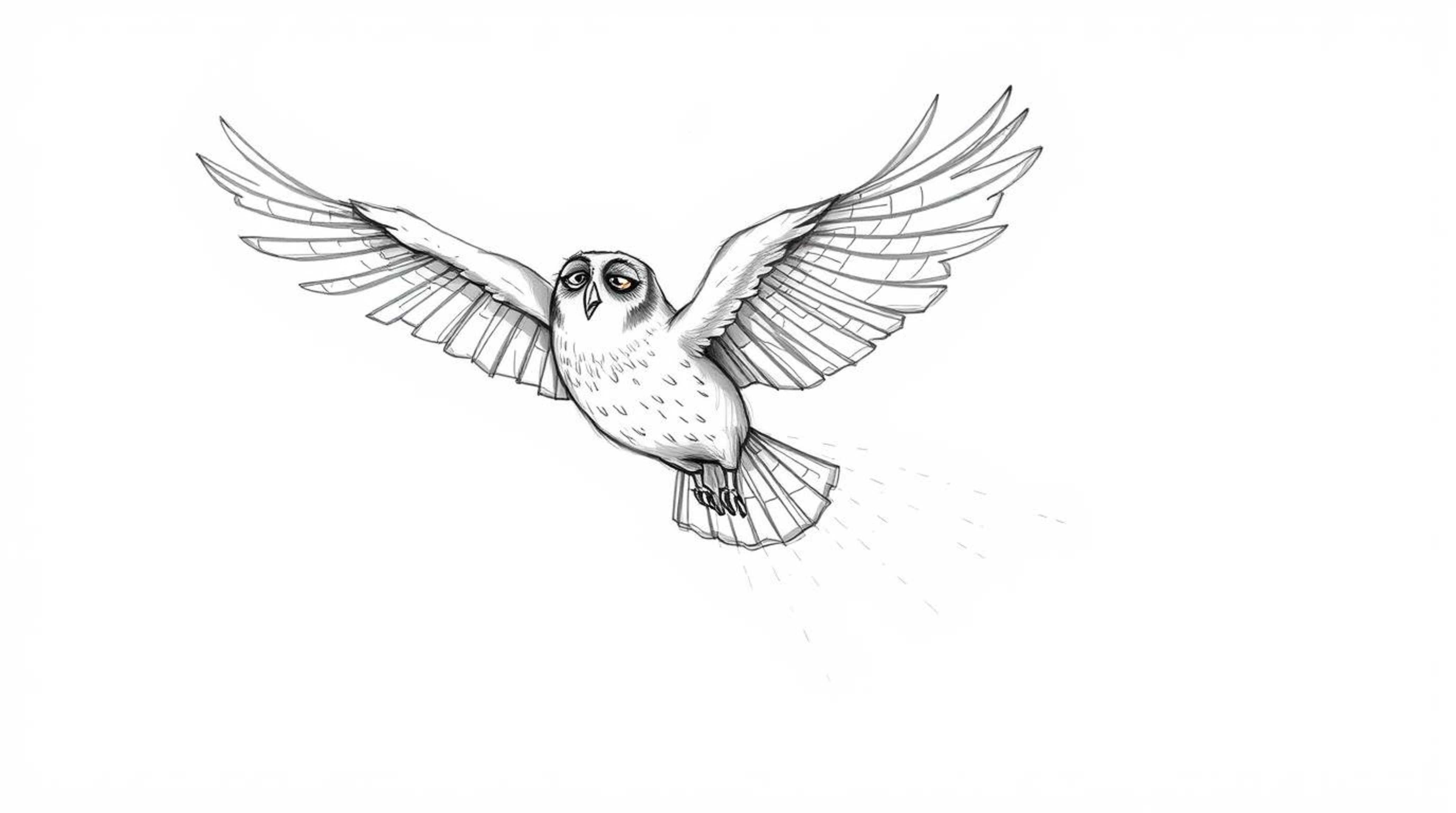 A heartwarming Pixar-style hand-drawn sketch portrays a blind owl in mid-flight, gracefully teaching birds how to fly. The ar
