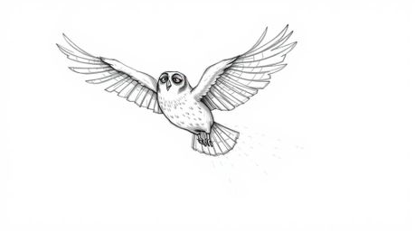 A heartwarming Pixar-style hand-drawn sketch portrays a blind owl in mid-flight, gracefully teaching birds how to fly. The ar