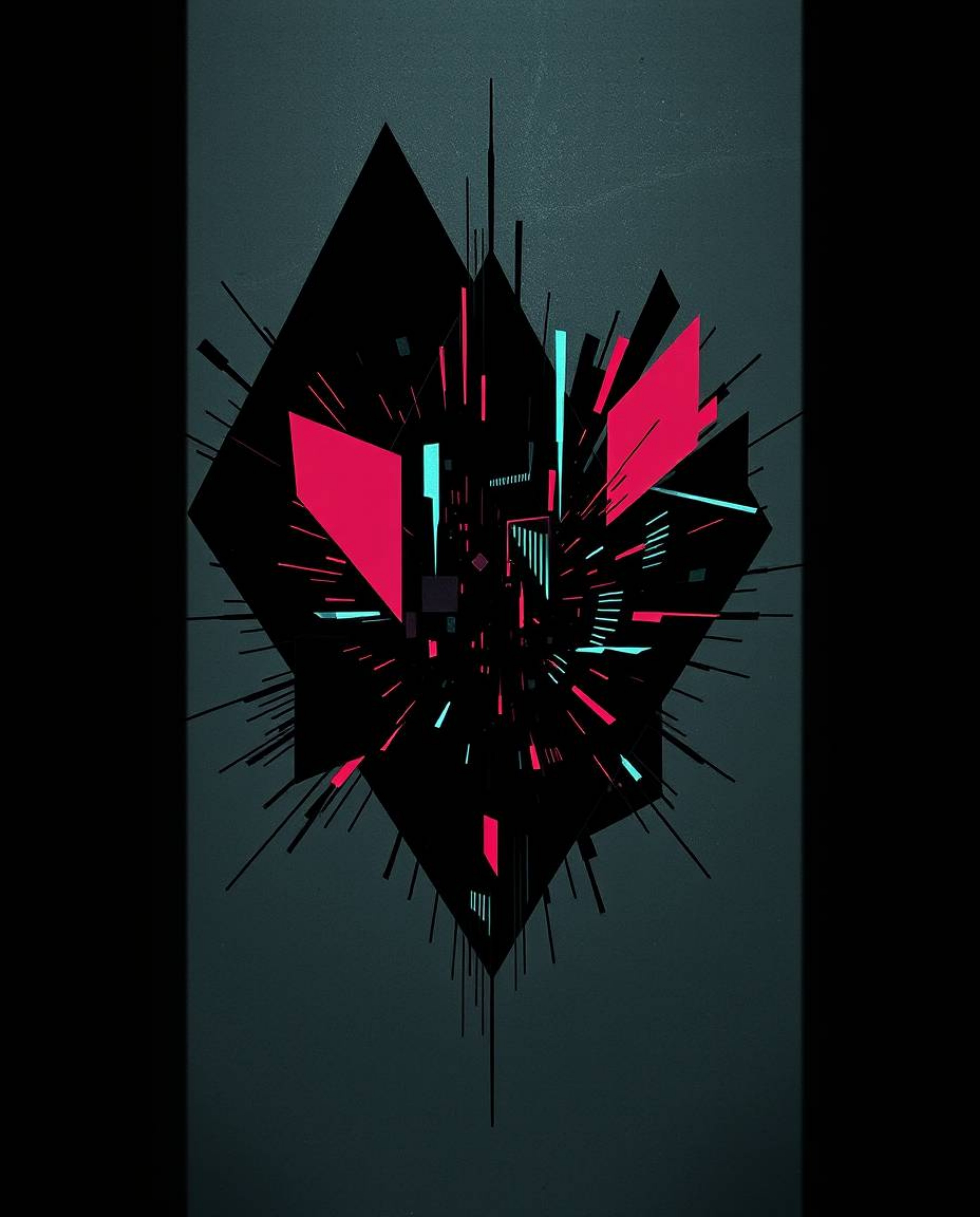 This digital painting showcases an overhead bird's-eye view of abstract shapes with prominent glitch effects, fragmentation, 