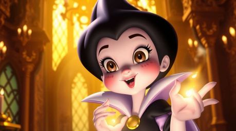 An adorable yet charming classic Disney villain, with rosy cheeks and sparkling eyes, casts a spell within a beautifully rend