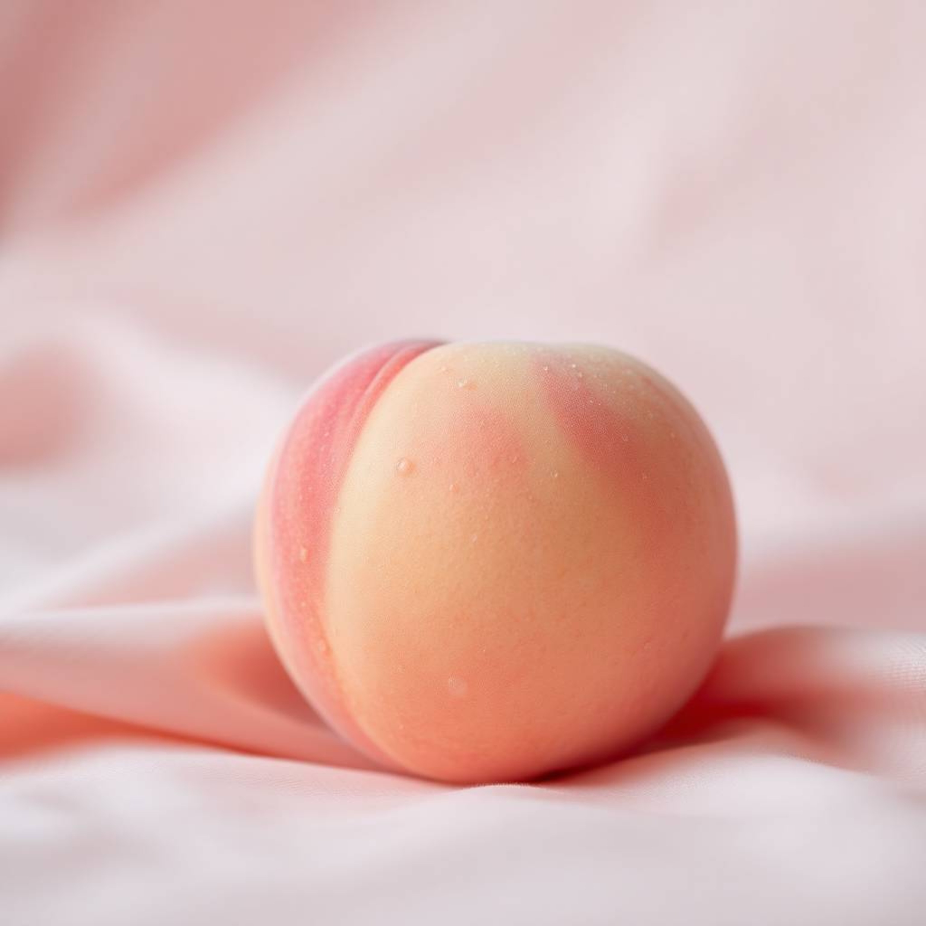 Experience tranquility with this modern flat design close-up ASMR image featuring a soft blushing pink peach resting on silky