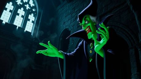 A classic Disney villain with emerald green skin casts a spell in a crumbling castle.  The image is rendered in high contrast