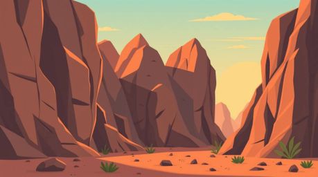 A charming and adorable illustration of a rocky canyon bathed in warm sunset hues.  Rendered in a modern flat design with sim