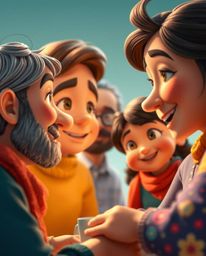 Experience the warmth of a Pixar-style family reunion captured in a vibrant close-up shot. This image showcases a heartfelt r