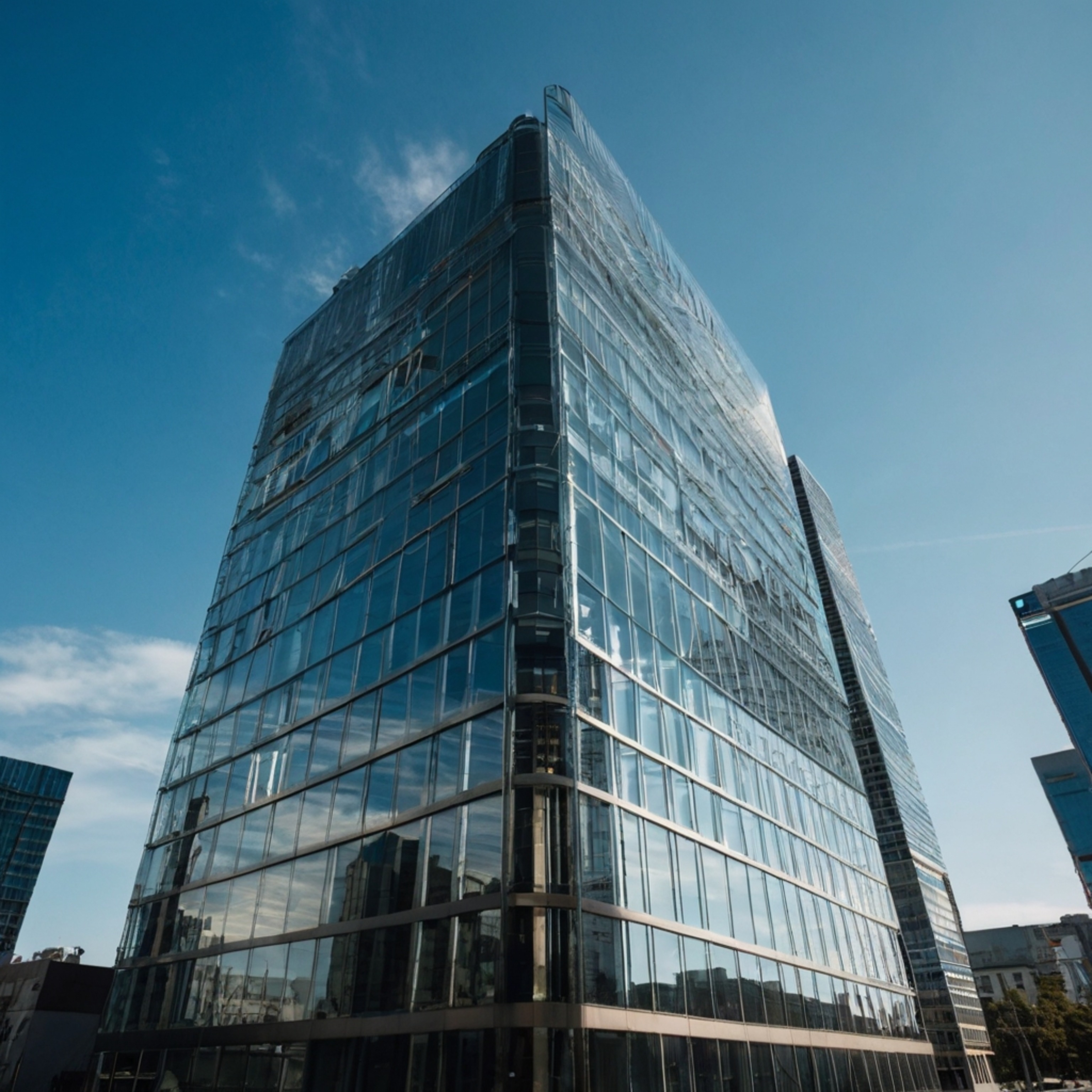 A sleek glass office tower presents a minimalist design, seamlessly reflecting the surrounding blue sky and vibrant cityscape