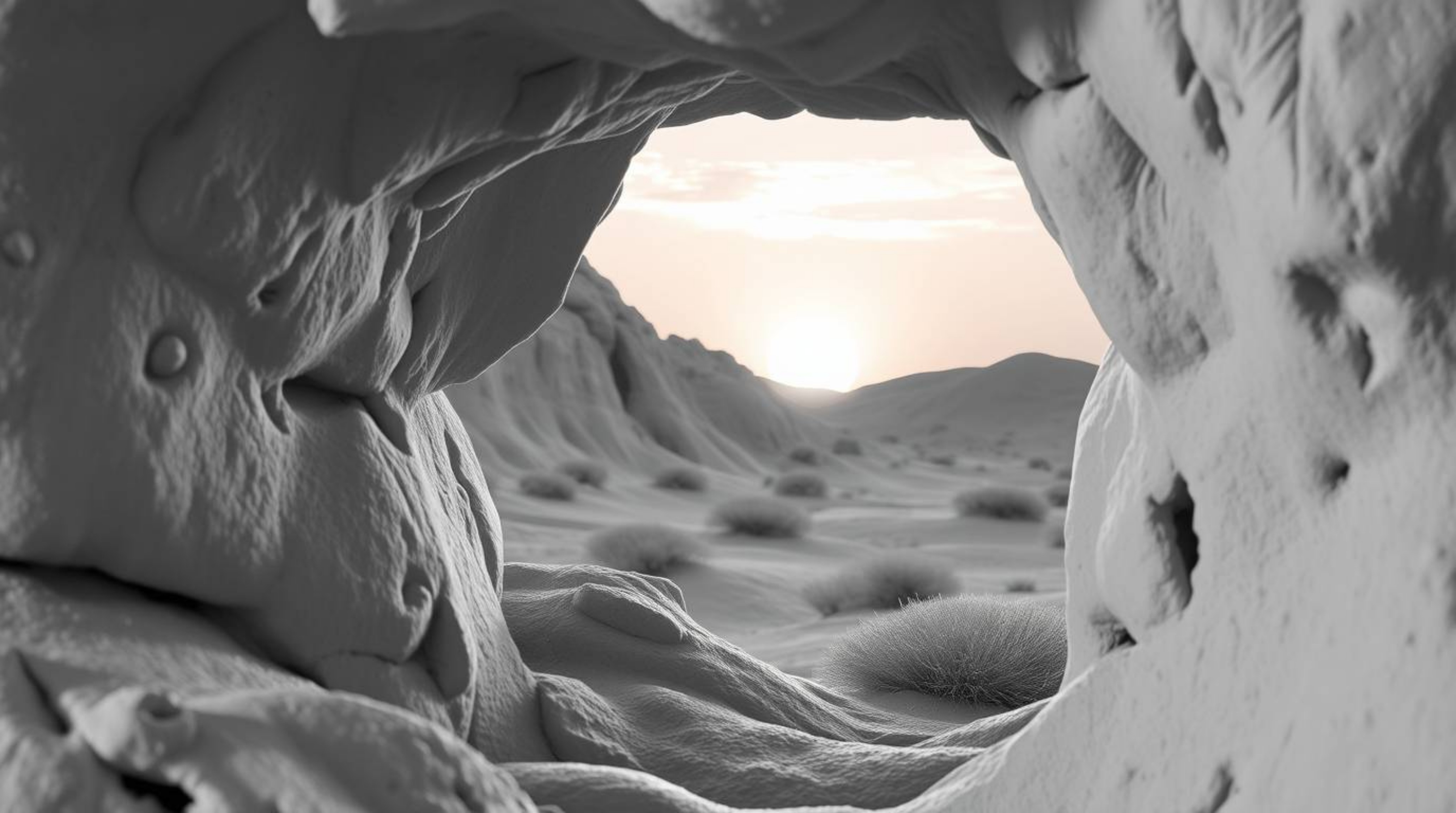 This classic black and white sculptural clay art piece presents a textured, timeless, and elegant depiction of a sunset obser