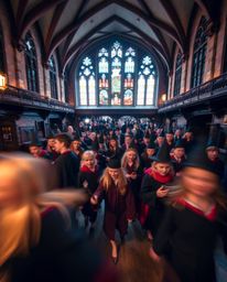 Capture the dynamic energy of a magical school filled with young wizards using long exposure photography.  Emphasize motion a