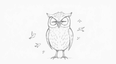 A charming hand-drawn pencil sketch depicts a blind owl in Pixar style, set against a clean white background. The owl, with s