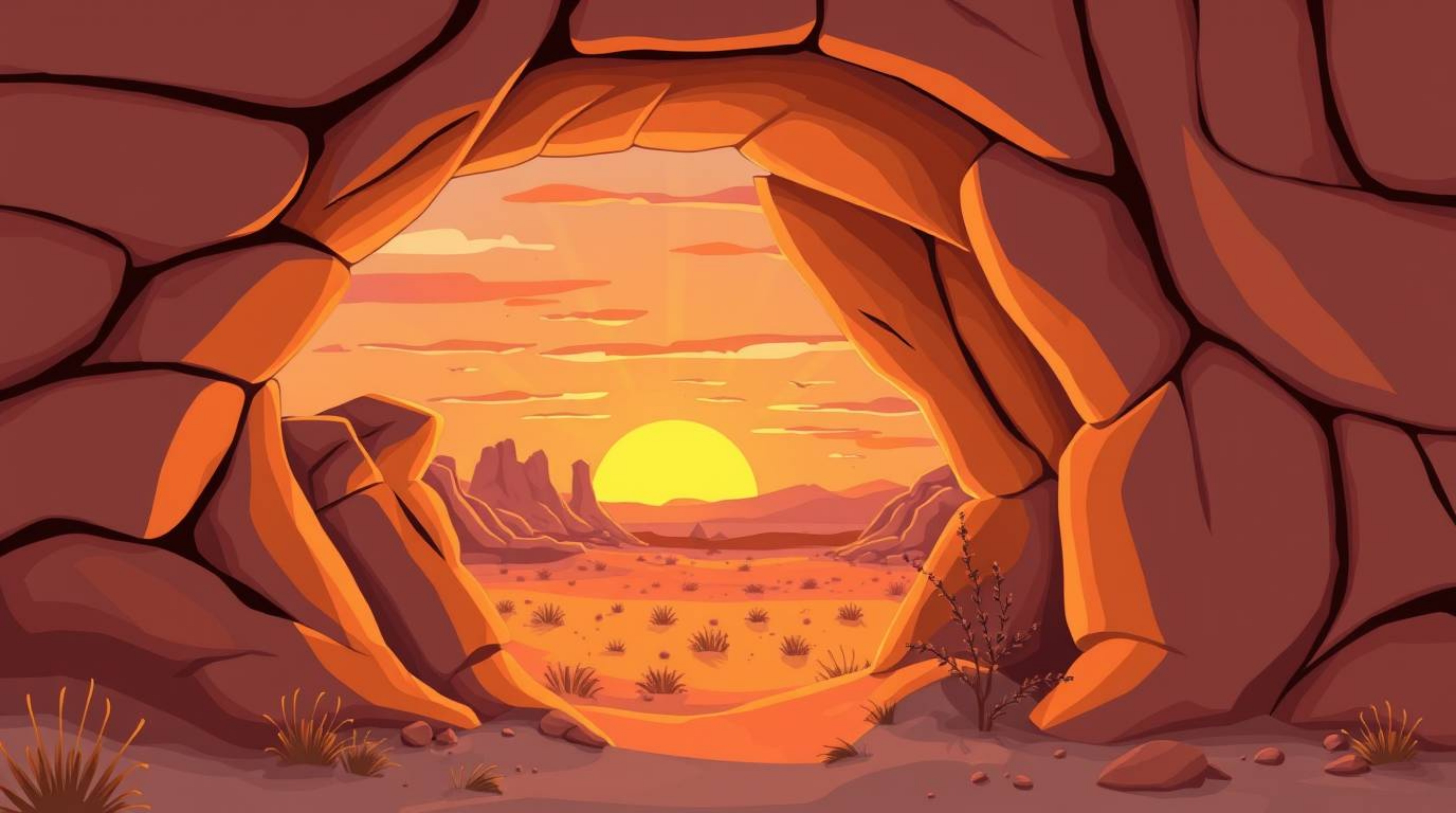 A charming illustration depicts a captivating sunset viewed through a natural desert rock arch.  The image features soft line