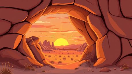 A charming illustration depicts a captivating sunset viewed through a natural desert rock arch.  The image features soft line