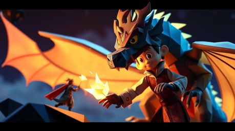 A charming prince, rendered in a stunning 1950s animation style with intricate origami details, battles a fierce dragon.  The