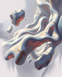 A dynamic digital sketch featuring smooth, 3D fluid shapes with metallic textures gracefully floating in zero gravity. The sc