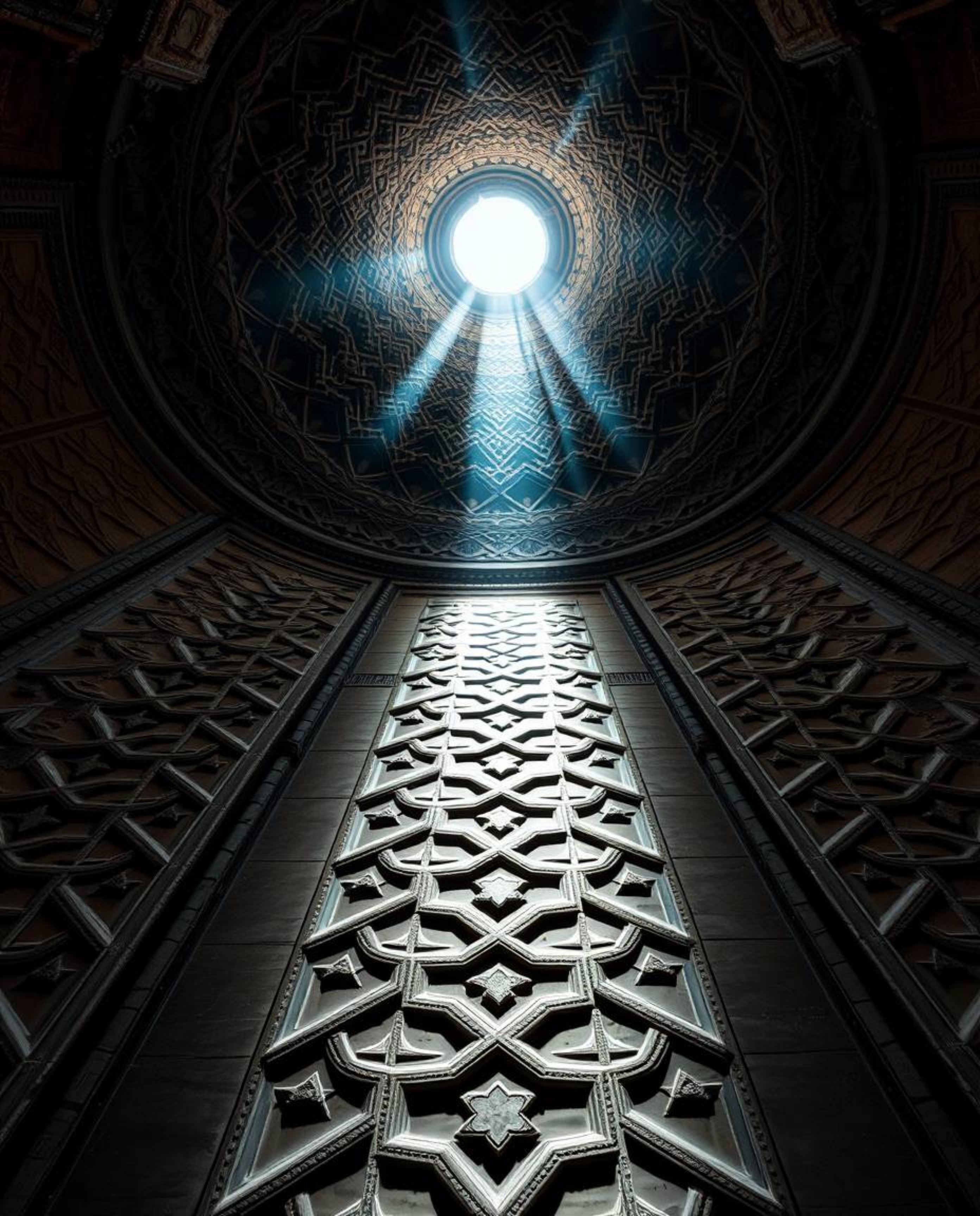 Explore the mesmerizing beauty of Islamic geometric patterns carved in stone through a dramatic low-angle perspective. This s