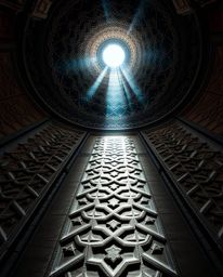 Explore the mesmerizing beauty of Islamic geometric patterns carved in stone through a dramatic low-angle perspective. This s