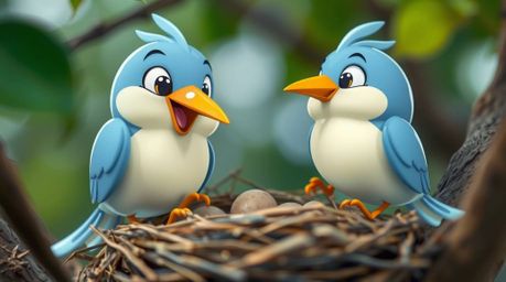 A captivating close-up, long-exposure photograph showcases two charming cartoon birds meticulously constructing a nest. Rend