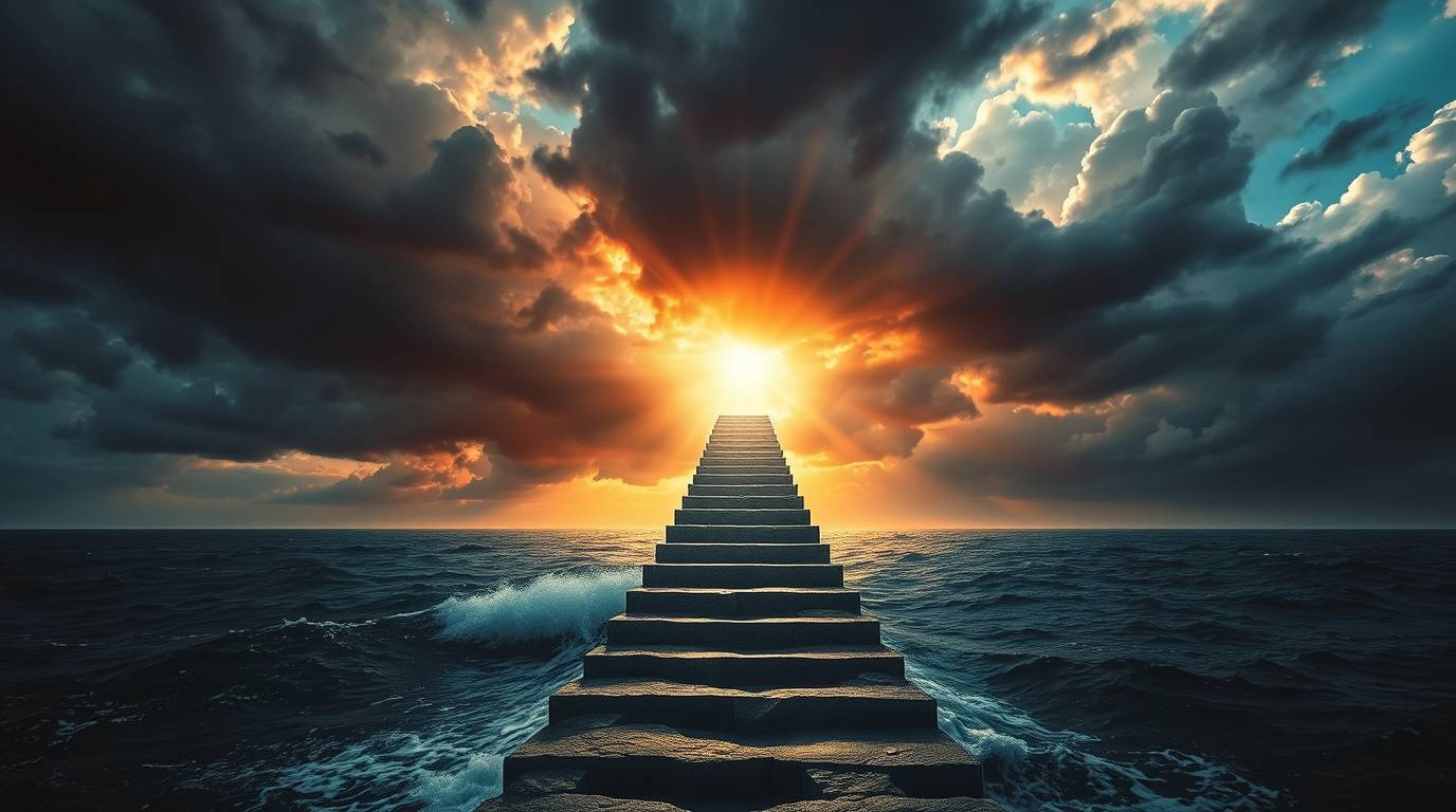 An epic and symbolic scene unfolds with a dramatic staircase rising from the ocean to a stormy sky, illuminated by a divine s