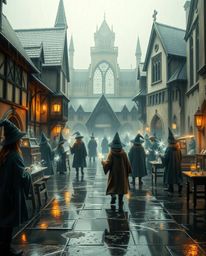 A magical school brimming with young wizards, bathed in a light aura under a drizzling rain, evokes an ethereal and spiritual